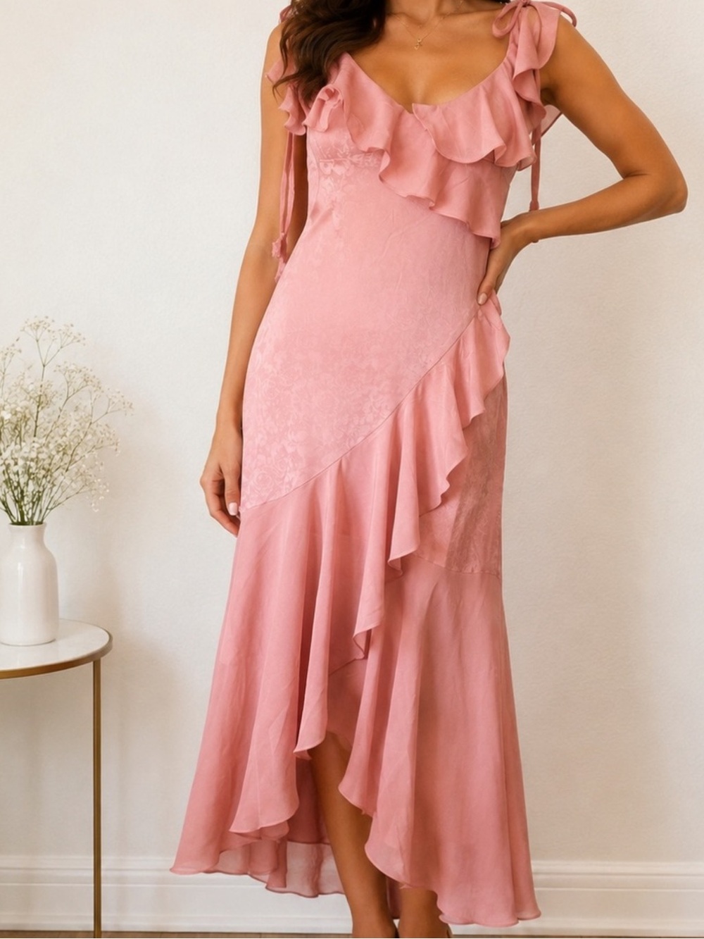En Saison Rose Pink Ruffle Tie-Shoulder Midi Dress